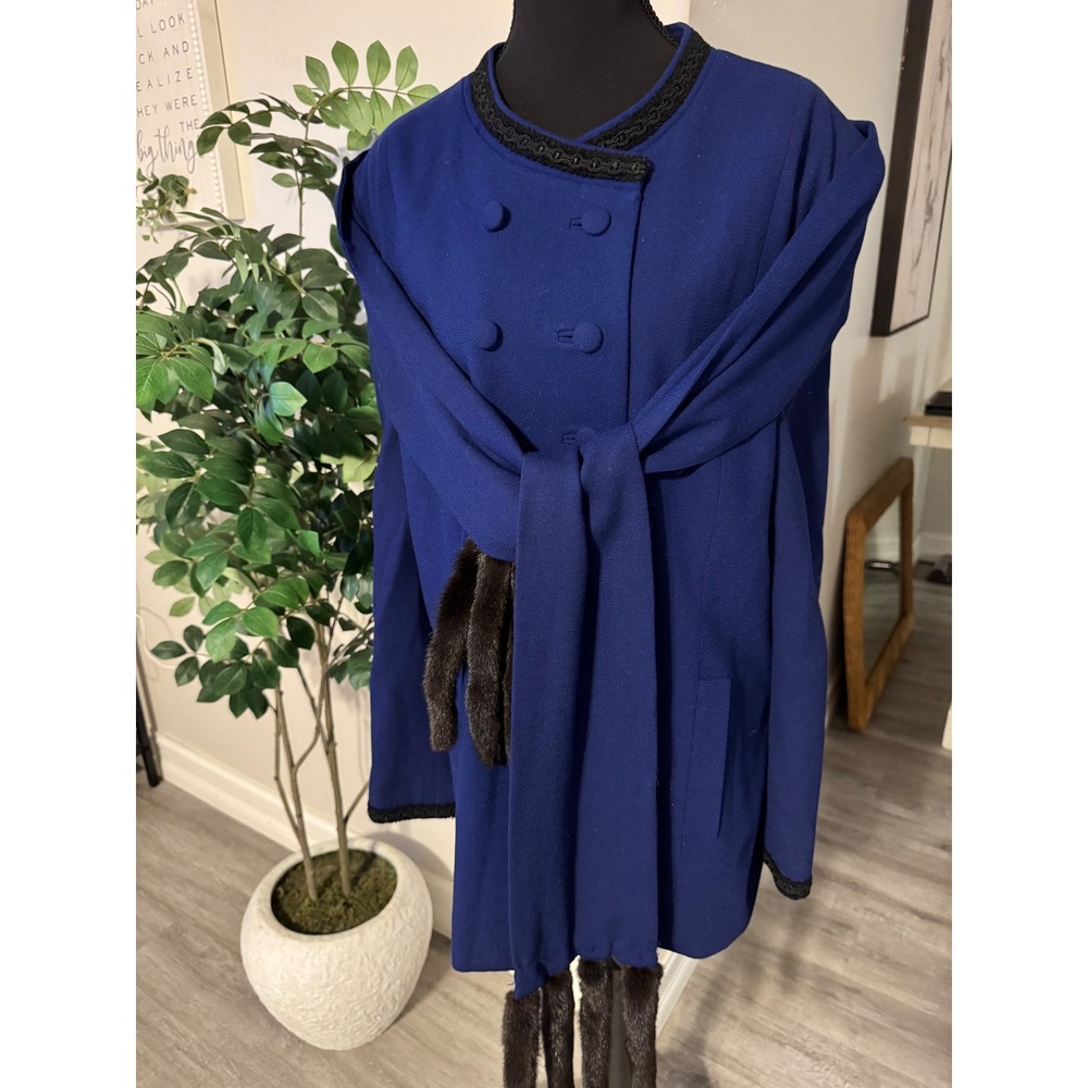 Vintage Lilli Ann Royal Blue Mink Fur Trim Scarf Jacket Union Made Size 18